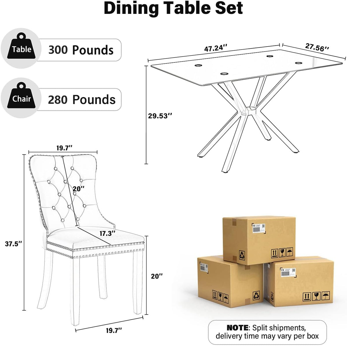 5 Pieces Modern Luxury Glass Dining Set, Minimalist Rectangle Dinner Room Set for 4, 47'' Clear Glass Top Kitchen Table Set with Black Base, Blue Tufted Chairs, for Small Apartment Home