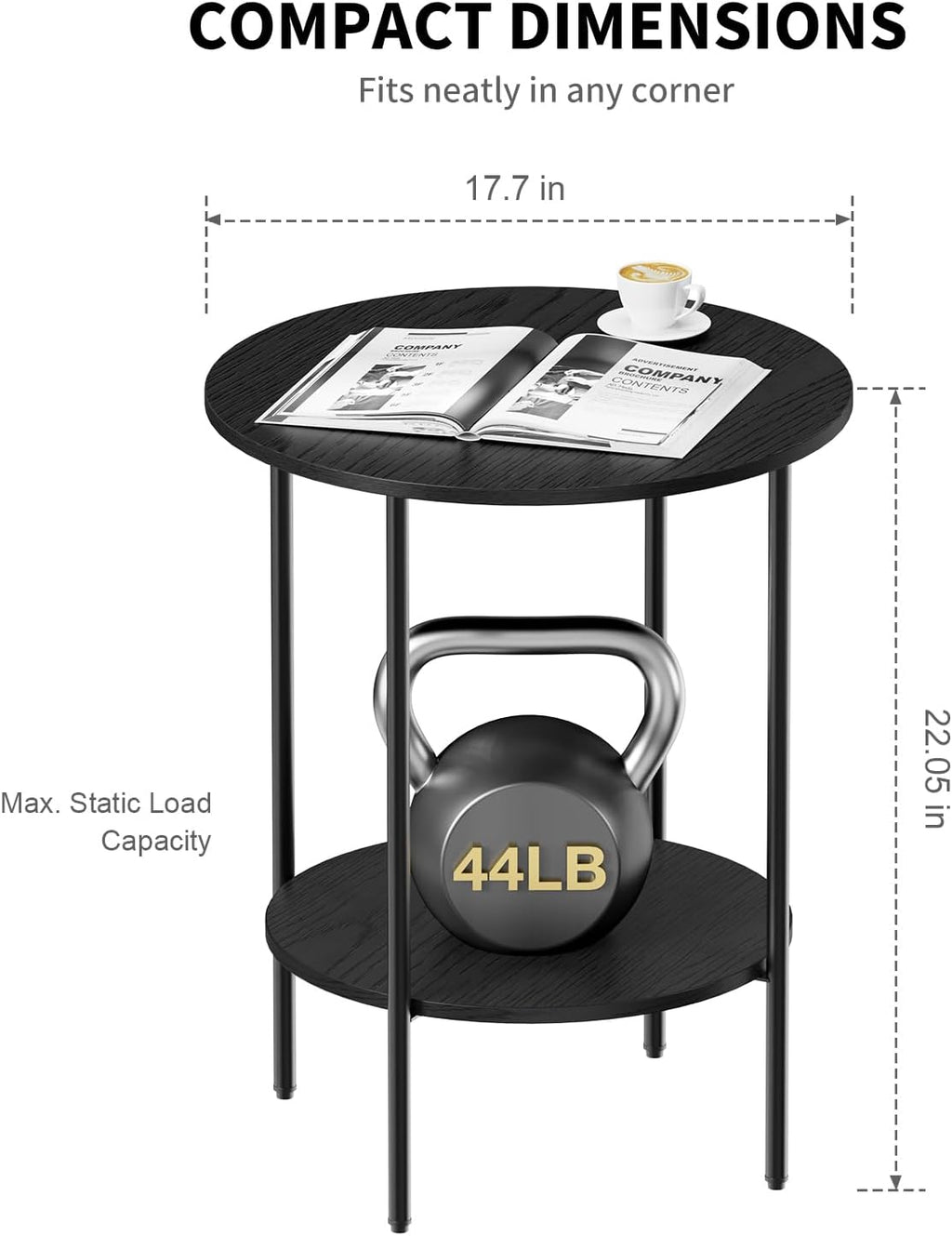 Side Table,Round End Table with 2 Storage Shelves| Compact Side Tables for Living Room, Couch, Office & Bedroom | Narrow Accent Table as Space-Saving Small Bedside Table 18x18x22in(Black)