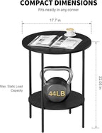 Side Table,Round End Table with 2 Storage Shelves| Compact Side Tables for Living Room, Couch, Office & Bedroom | Narrow Accent Table as Space-Saving Small Bedside Table 18x18x22in(Black)