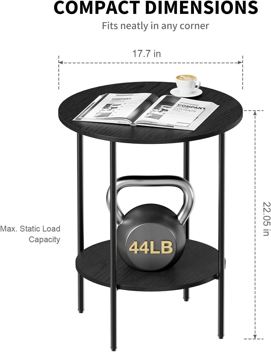 Side Table,Round End Table with 2 Storage Shelves| Compact Side Tables for Living Room, Couch, Office & Bedroom | Narrow Accent Table as Space-Saving Small Bedside Table 18x18x22in(Black)