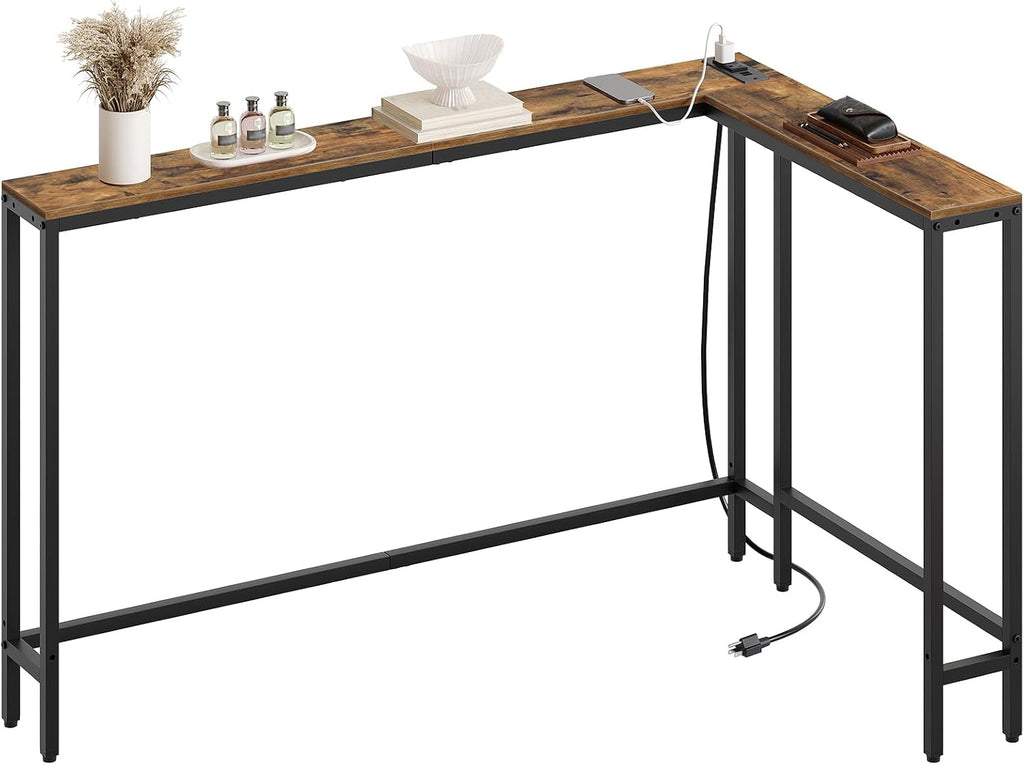 YATINEY Narrow Console Table with Outlets, 70.9" Sofa Table Narrow Long, L Shaped Behind Couch Entryway Table with Charging Station, for Living Room, Hallway, 3 Assembly Options, Rustic Brown CT07UBR
