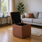 Brown Linen-Textured Ottoman with Storage, 42×42×44 cm Square Foot Rest Stool, Upholstered Cube Seat with Hidden Compartment for Living Room Bedroom Entryway, Black Rubber Feet