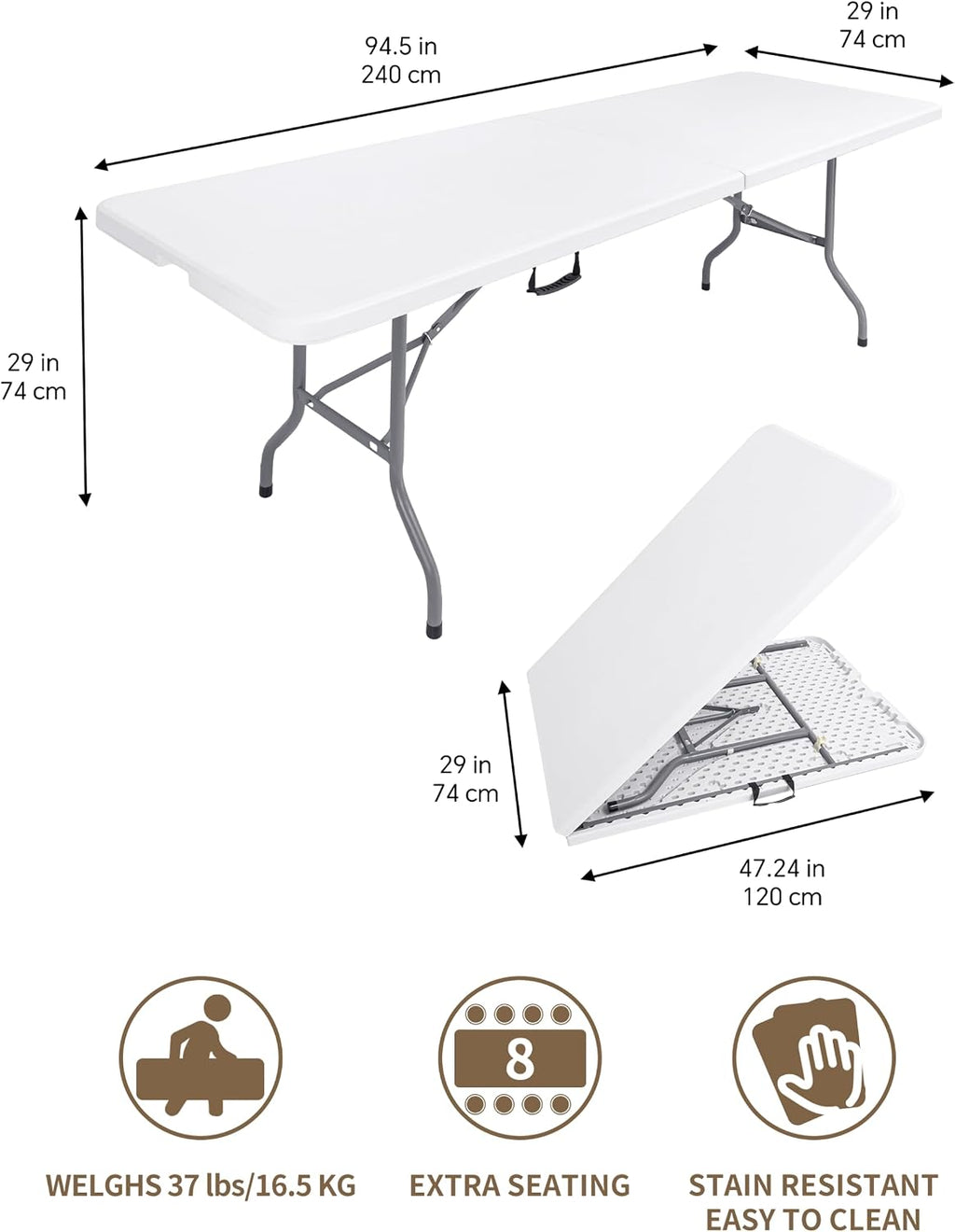 8ft Folding Table, Heavy Duty White Large Portable Foldable Table | Plastic 8 foot folding table seats 8. Rectangular with carrying handle. Indoor outdoor camping, picnic, party and banquet