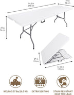 8ft Folding Table, Heavy Duty White Large Portable Foldable Table | Plastic 8 foot folding table seats 8. Rectangular with carrying handle. Indoor outdoor camping, picnic, party and banquet