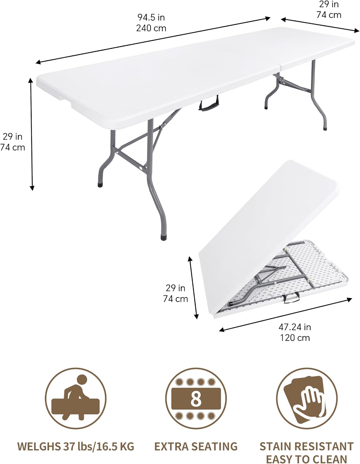 8ft Folding Table, Heavy Duty White Large Portable Foldable Table | Plastic 8 foot folding table seats 8. Rectangular with carrying handle. Indoor outdoor camping, picnic, party and banquet