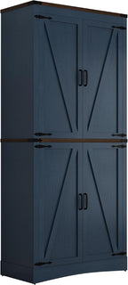 71in Farmhouse Kitchen Pantry Cabinet,Tall Storage Cabinet with 4 Doors and Adjustable shelves,with Load-Bearing Steel Pipe,Wood Storage Cabinets for Kitchen,Dining Room,Bathroom(Rustic Blue)