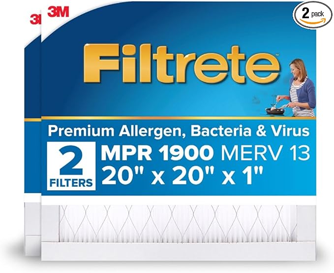 Filtrete 20x20x1 AC Furnace Air Filter, MERV 13, MPR 1900, Premium Allergen, Bacteria & Virus Filter, 3-Month Pleated 1-Inch Electrostatic Air Cleaning Filter, 2-Pack (Actual Size 19.69x19.69x0.78 in)