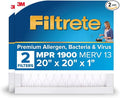 Filtrete 20x20x1 AC Furnace Air Filter, MERV 13, MPR 1900, Premium Allergen, Bacteria & Virus Filter, 3-Month Pleated 1-Inch Electrostatic Air Cleaning Filter, 2-Pack (Actual Size 19.69x19.69x0.78 in)