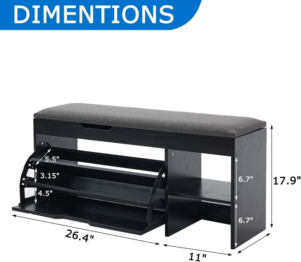Shoe Storage Bench with Flip Drawers, Entryway Shoe Cabinet with Adjustable Shelves & Padded Seat Cushion, Shoe Organizer Storage Bench with Lift Top Storage for Hallway, Bedroom, Black