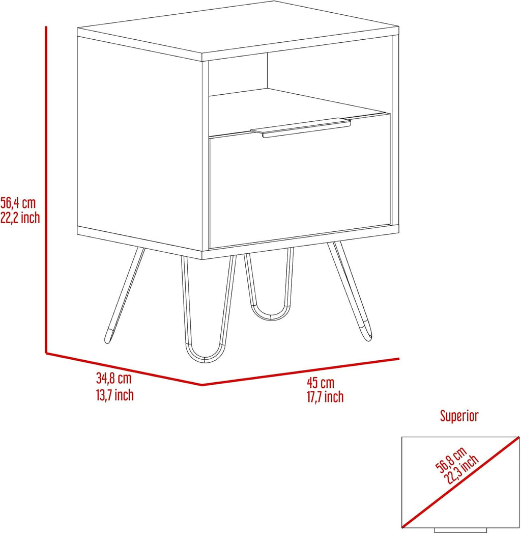 Nightstand 22" H, One Open Shelf, Single Door Cabient, Hairpin Legs, Light Oak,for Small Spaces