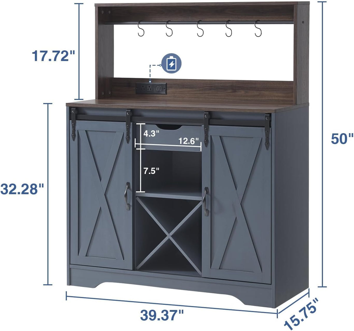 Wnutrees Farmhouse Coffee Bar Cabinet with Charging Station and USB Ports,Sliding Barn Door,39" Kitchen Hutch Sideboard Buffet Storage Cabinet,Fits Kitchen Dining Living Room, Blue