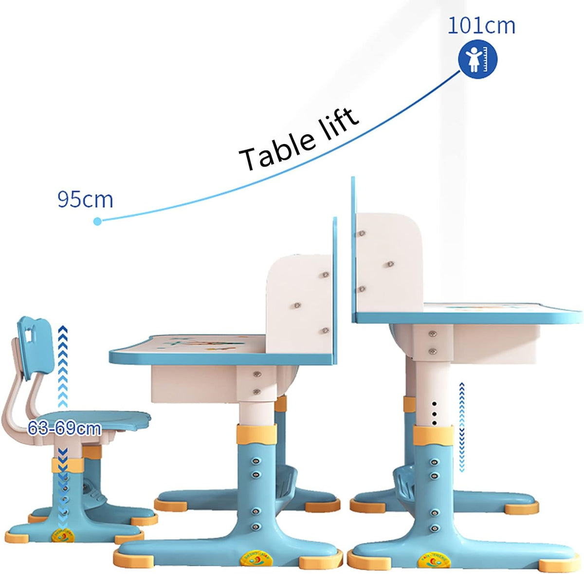 Height Adjustable Kids Desk and Chair Set, Upgraded Functional Desk and Chair Set, Kids School Desk, Writing Study Table for Girls Boys, Storage, Drawers, Bookshelf (Blue)