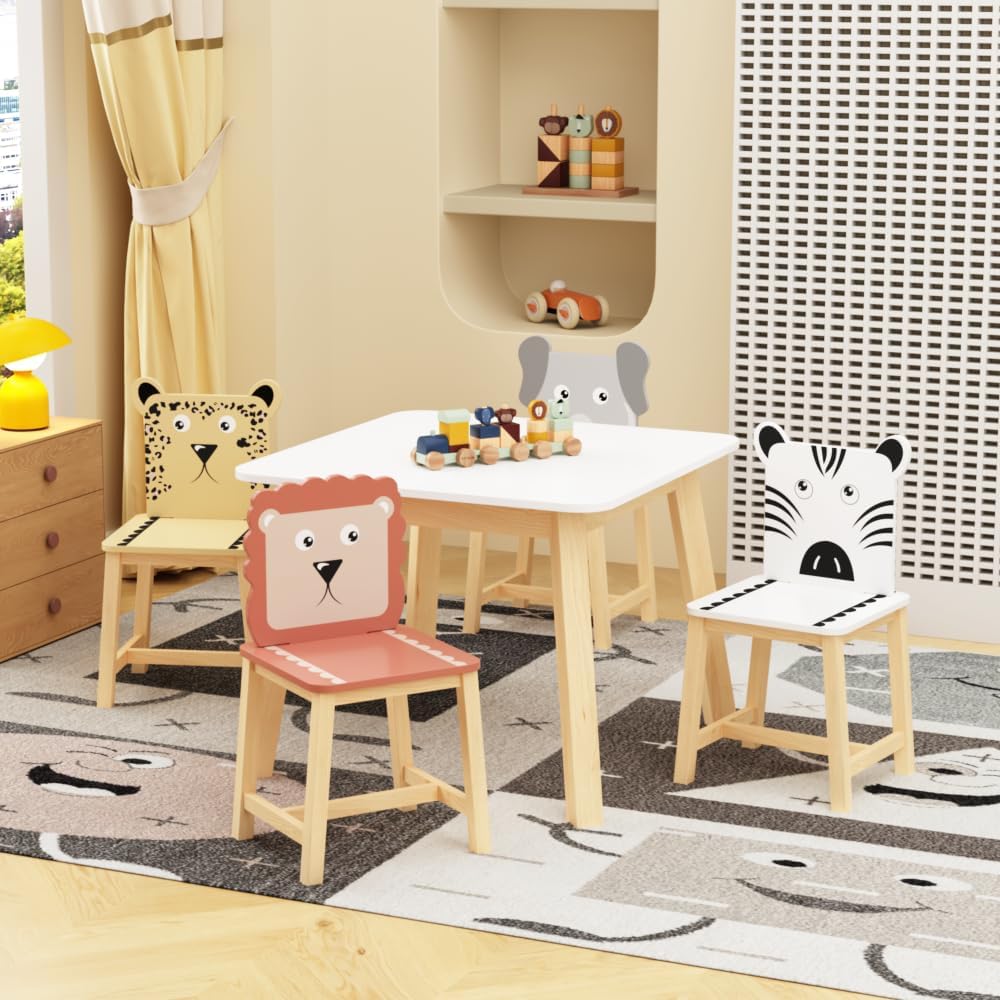 Virubi 5 PCS Wood Activity Table & Chair Set for Kids Ages 2-6 - Wooden Drawing Play Table W/ 2 Animal Chairs for Nursery, Kindergarten, Home (Colorful(5PCS))