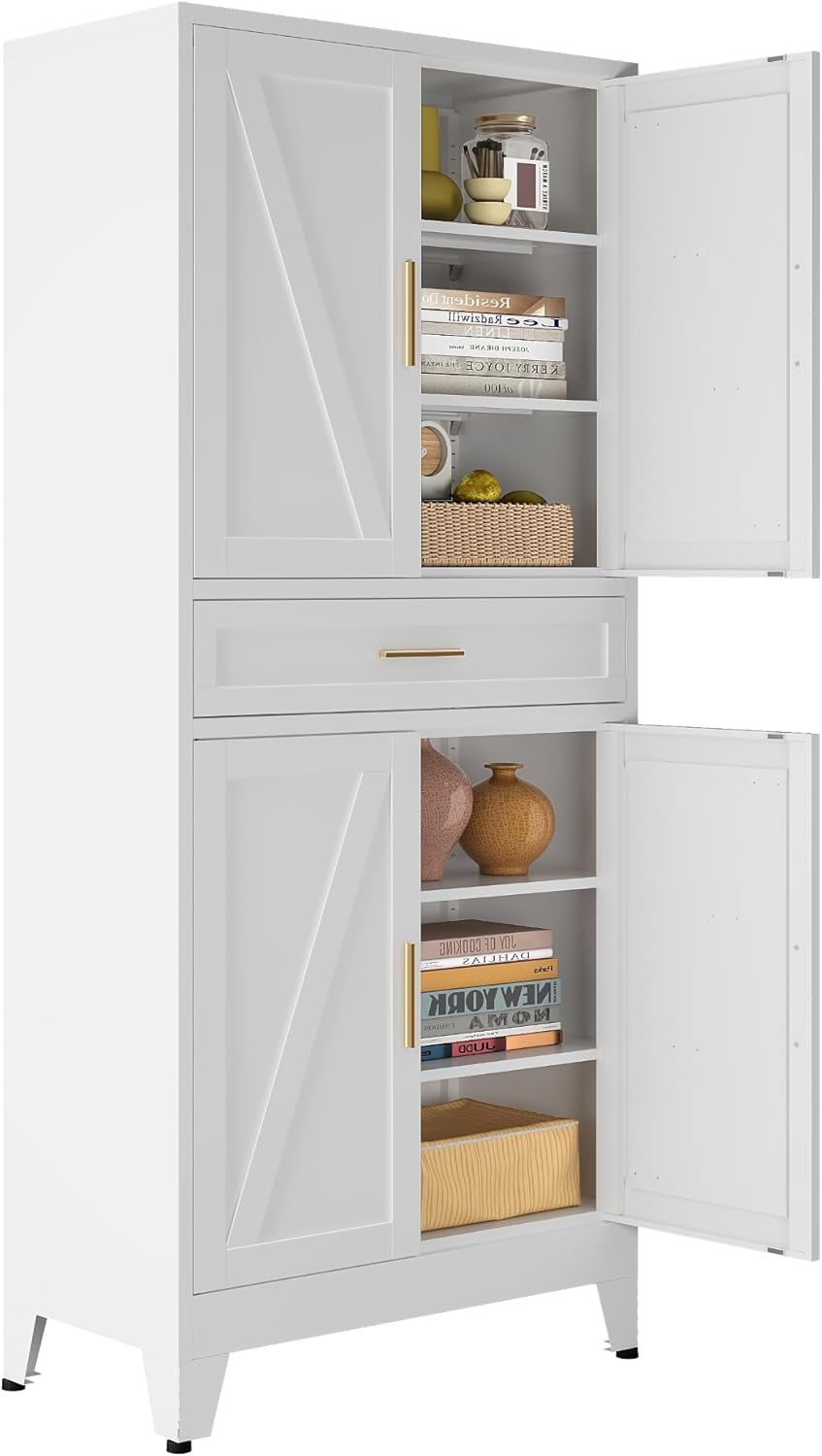 Bevivog Tall Pantry Cabinet with Drawers, 71" Metal Storage Cabinets with Doors and Shelves, 4 Doors Freestanding Cupboard for Kitchen/Office/Dining Room/Living Room/Laundry