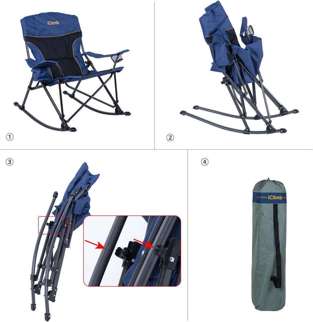 iClimb Padded Folding Rocking Chair Heavy Duty Camping Patio Porch Backyard Lawn Garden Balcony Rocker Indoor Outdoor with Carry Bag