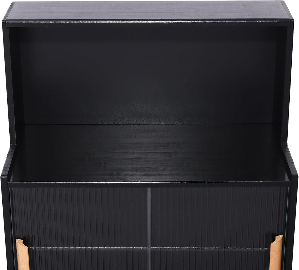 Countertop Kitchen Pantry - 3 Tier Bamboo Sideboard with Sliding Glass Doors, Dining Cupboard Storage Cabinet for Spices and Seasoning Bottles