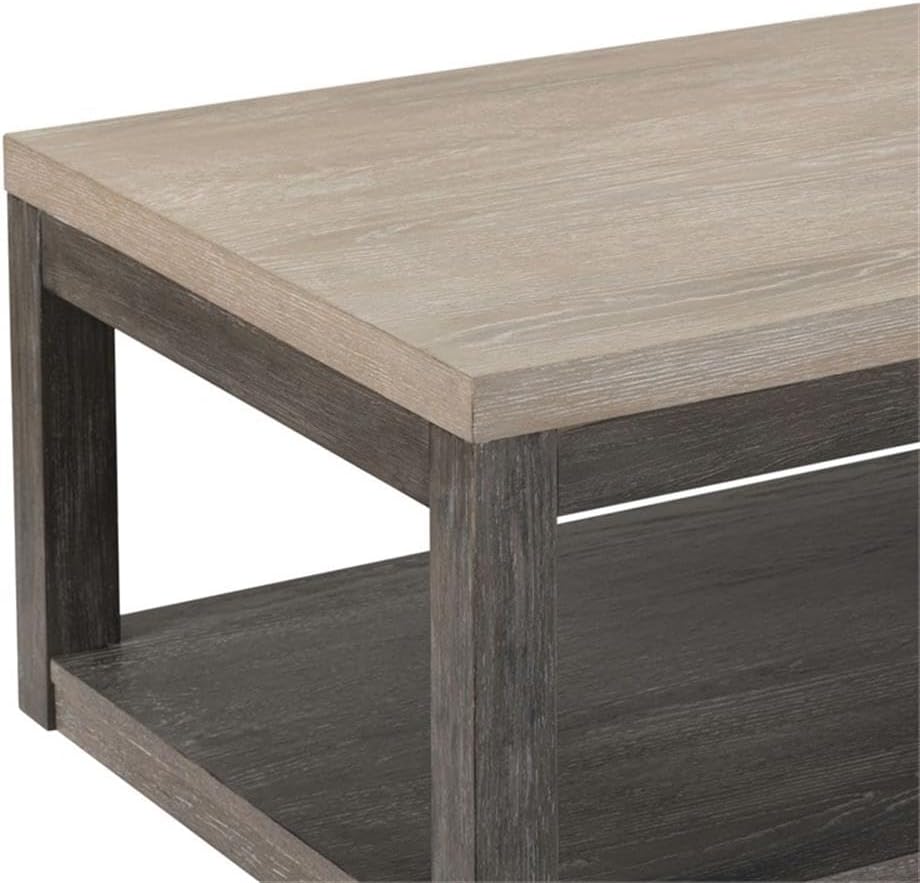 Pemberly Row 3-Piece Living Room Table Set, Rubberwood Construction, Charcoal and Ash Two-Tone Finish, Includes Cocktail Table with Casters and 2 End Tables, Rustic Design with Open Shelves for