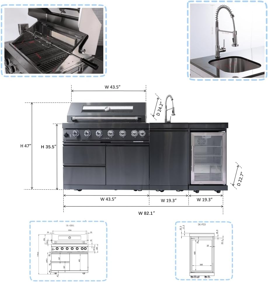 82 Inch 304 Stainless Steel Outdoor Integrated BBQ Kitchen Station (Black) | All-in-one 12-zone outdoor cooking station with 72000 BTU grill, built-in fridge & sink, rolling base for patio backyard