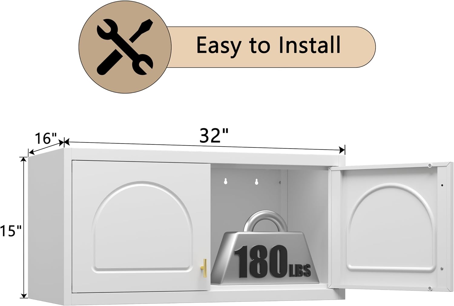 32" Wall Metal Storage Cabinet with Doors & Gold Handle | Adjustable Shelf, Sturdy Cold Rolled Steel, Hanging Storage, Bathroom, Pantry, Kitchen, 2 Doors, Tools Included, Space-Saving