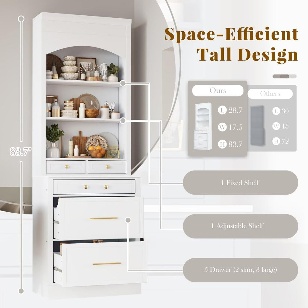 JIJIWANG Modern 83.7inch High Kitchen Pantry, Freestanding Tall Kitchen Hutch with Faux Marble Top, Display Cupboard Cabinet with 5 Storage Drawers and Adjustable Shelf, White