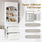 JIJIWANG Modern 83.7inch High Kitchen Pantry, Freestanding Tall Kitchen Hutch with Faux Marble Top, Display Cupboard Cabinet with 5 Storage Drawers and Adjustable Shelf, White