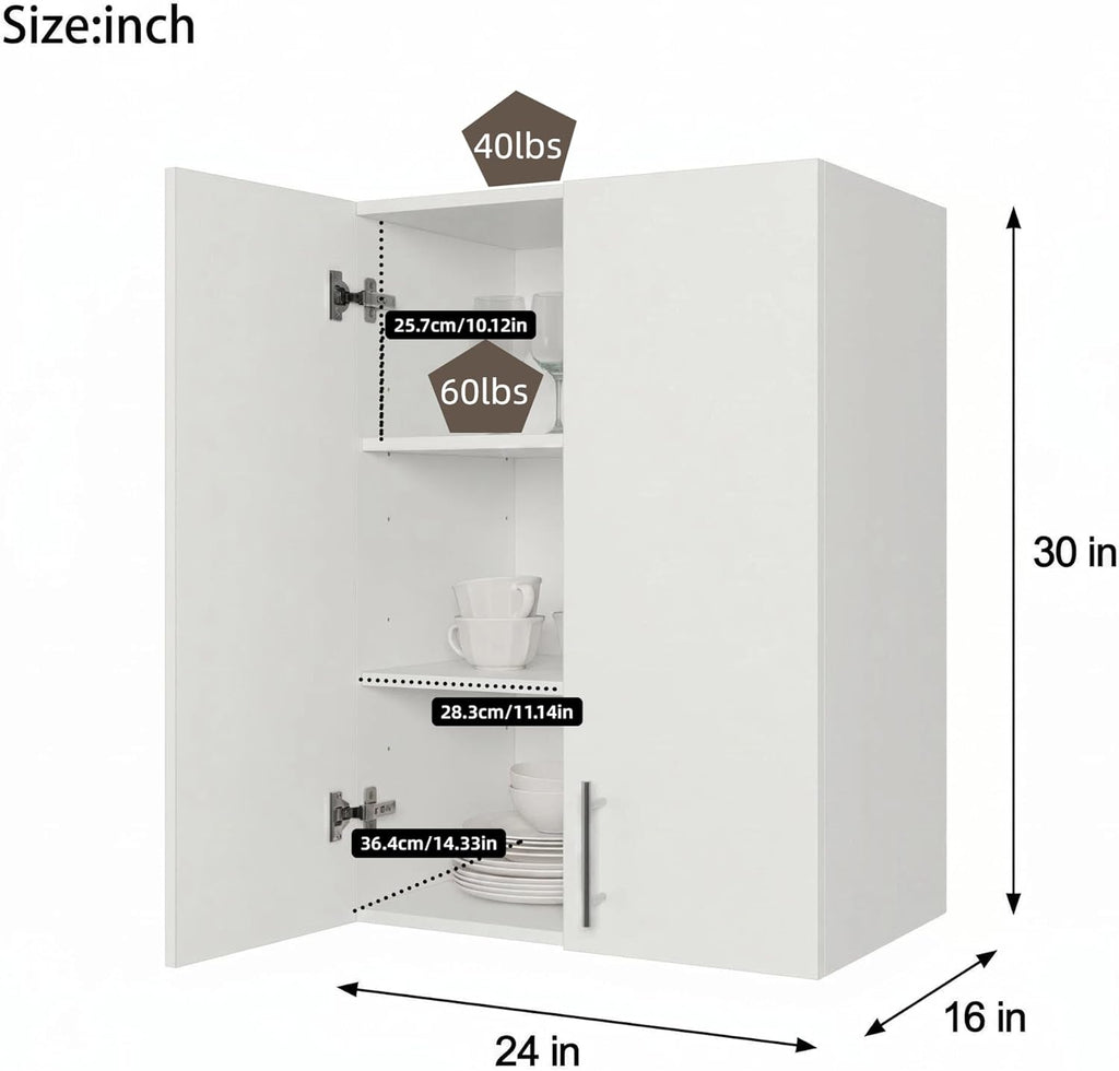24 x 33 Inch Wall Cabinet Set of 2, Kitchen Wall Mounted Wooden Storage Cabinet, Double Door Cabinet with Soft Close, Metal Handle, Adjustable Shelf for Kitchen Laundry Bathroom Garage, White