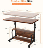 QZMDSM Portable Rolling Desk on Wheels Adjustable Height Desks for Small Spaces, 32" Computer Desk Drafting Tables with Storage Shelves for Home Office Rustic