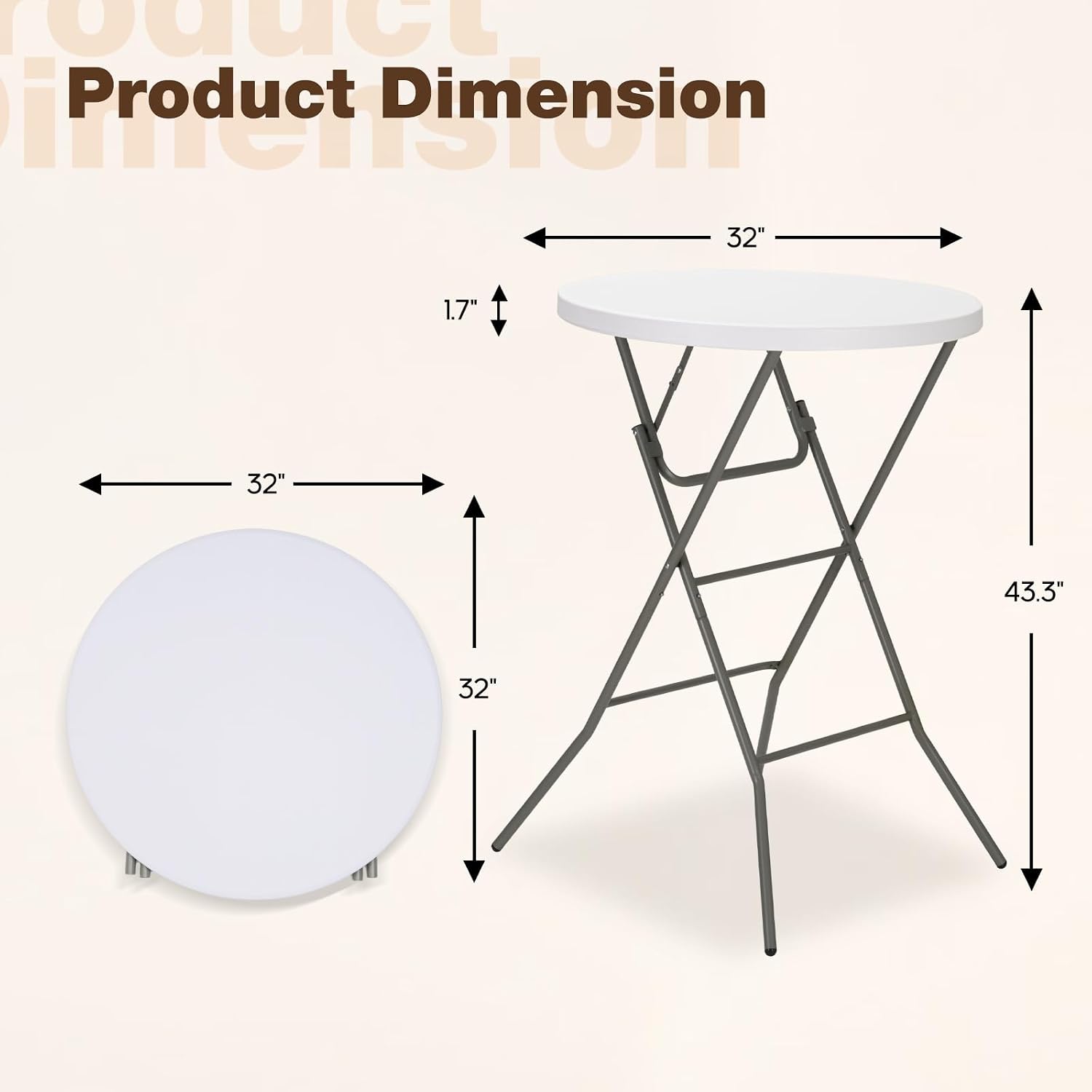 32" Round Folding Table, Portable Bar Height Folding Table with Detachable Legs, Round Foldable Table with HDPE Top for Standing Parties, Balcony, Event, Indoor Outdoor Use (White, 2 Pack)