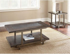 Pemberly Row Contemporary 3-Piece Coffee Table Set, Smoky Brown Finish, Ash Veneers, Tempered Glass Tops, Satin Brass Panels, Bottom Shelf Storage, Rustic Industrial Style Living Room Furniture