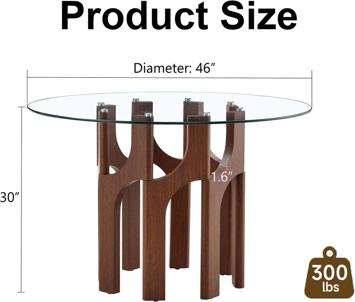 Round Glass Dining Table for 4-6, Modern 46-Inch Kitchen Table with Sturdy Pedestal Base & Clear Tempered Glass Top, Circle Dinner Table for Dining Room, Living Room & Small Apartment (Walnut)