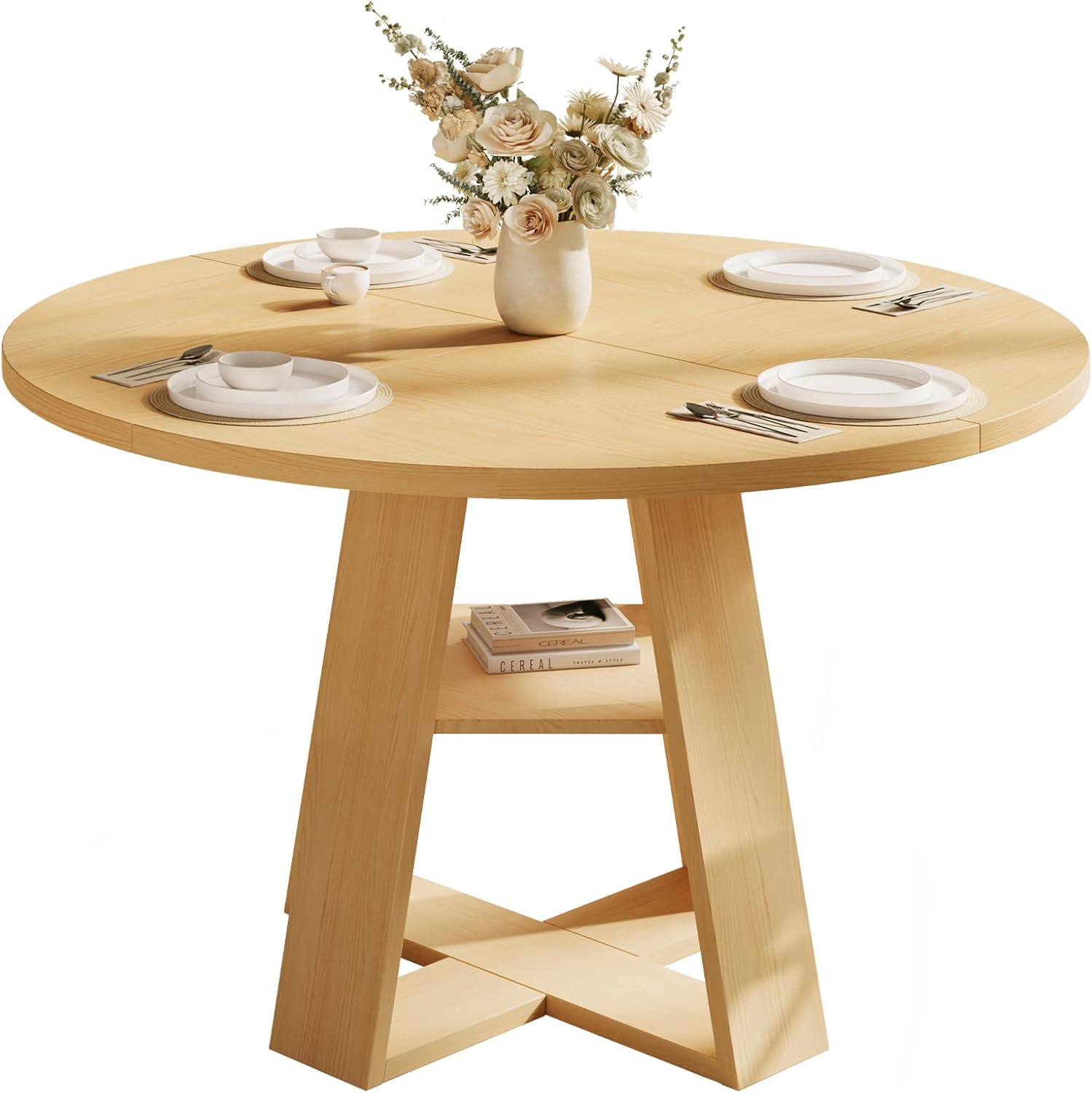 47.2" Round Dining Table for 4-6, Circle Kitchen Table with Open Storage Shelf, Farmhouse Dinner Table with Cross Pedestal Base for Dining Room, Kitchen, Living Room, Burlywood