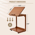 CozyDH Bedroom Side Table - Wooden End Tables Bedroom, C Shaped End Table with Wheels, Small Rolling Table for Bedside, Skinny Tray Desk for Sofa/Couch/Living Room, Teak