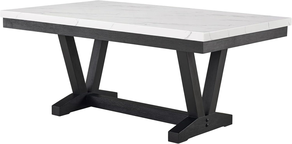 Benzara Vinz Dining Table, 72 Inch White Faux Marble Top, Black Trestle Base
