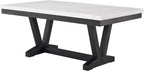 Benzara Vinz Dining Table, 72 Inch White Faux Marble Top, Black Trestle Base
