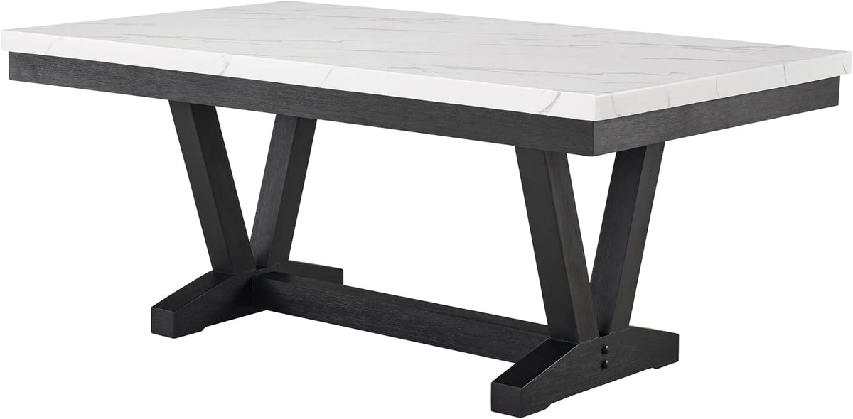 Benzara Vinz Dining Table, 72 Inch White Faux Marble Top, Black Trestle Base
