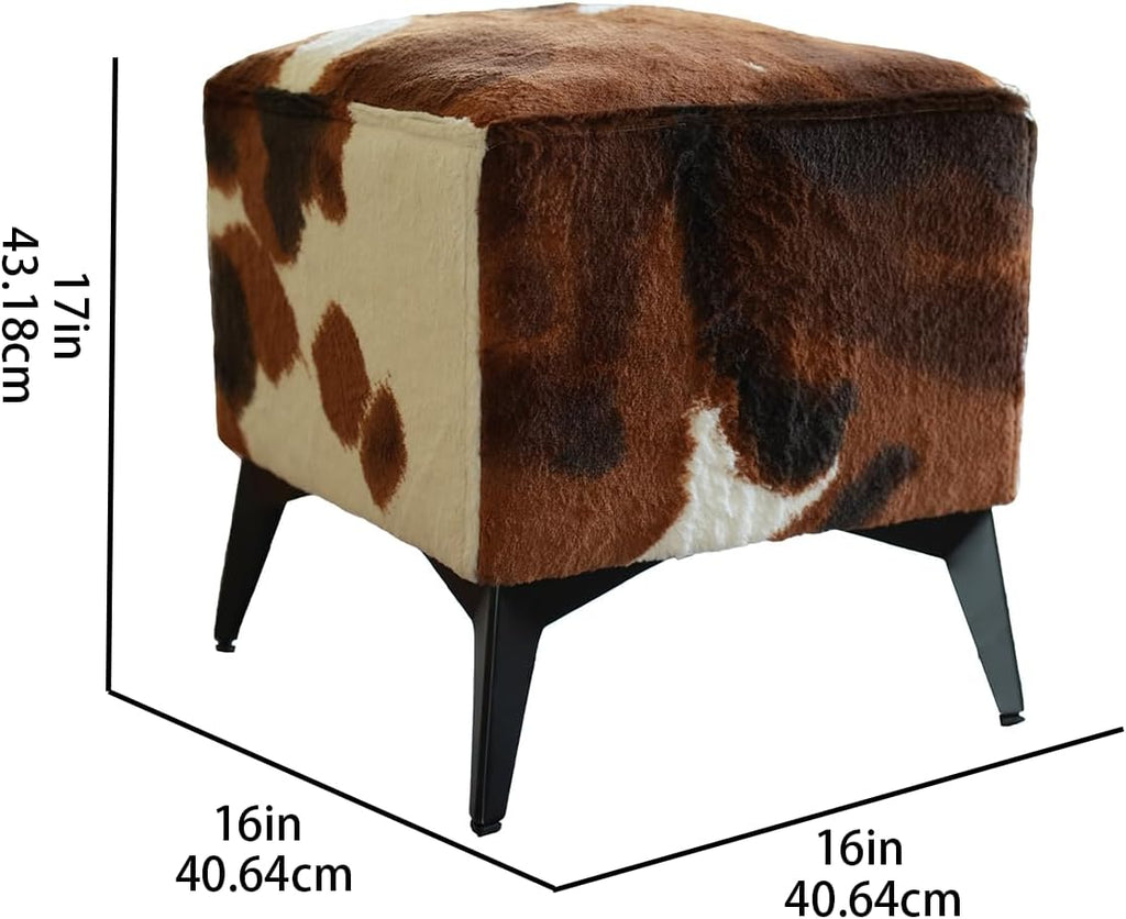 Faux Cowhide Ottoman, Upholstered Foot Stool - 16 x 16 x 17 Inches, Cube Footrest with Solid Metal Legs for Living Room, Bedroom & Entryway(Brown)