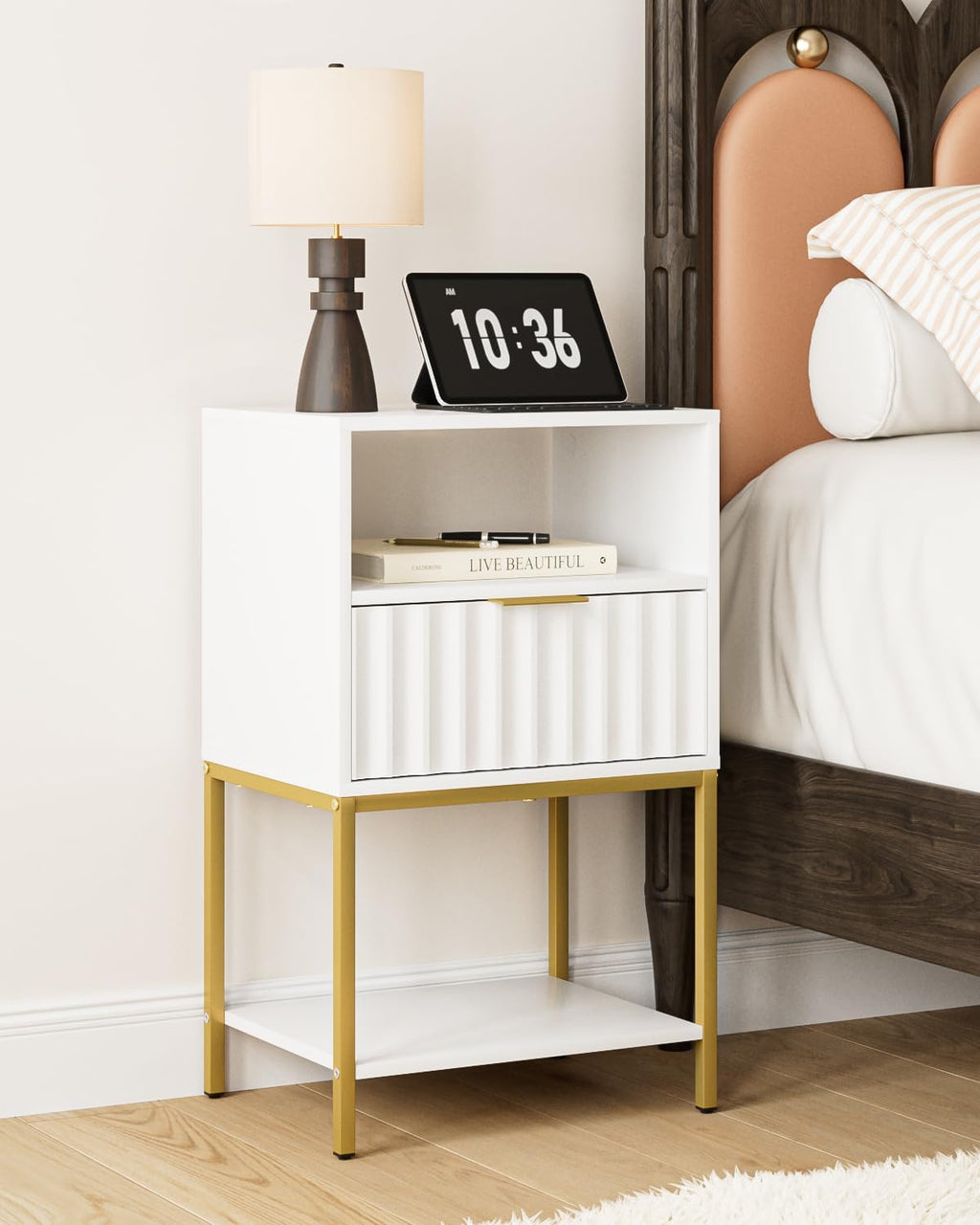 Nightstand,Modern Bedside Table with One Drawer and Two Shelf，White Night Stand，Tall End Table with Gold Frame for Bedroom,Living Room,Wave