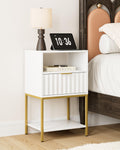 Nightstand,Modern Bedside Table with One Drawer and Two Shelf，White Night Stand，Tall End Table with Gold Frame for Bedroom,Living Room,Wave