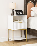 Nightstand,Modern Bedside Table with One Drawer and Two Shelf，White Night Stand，Tall End Table with Gold Frame for Bedroom,Living Room,Wave
