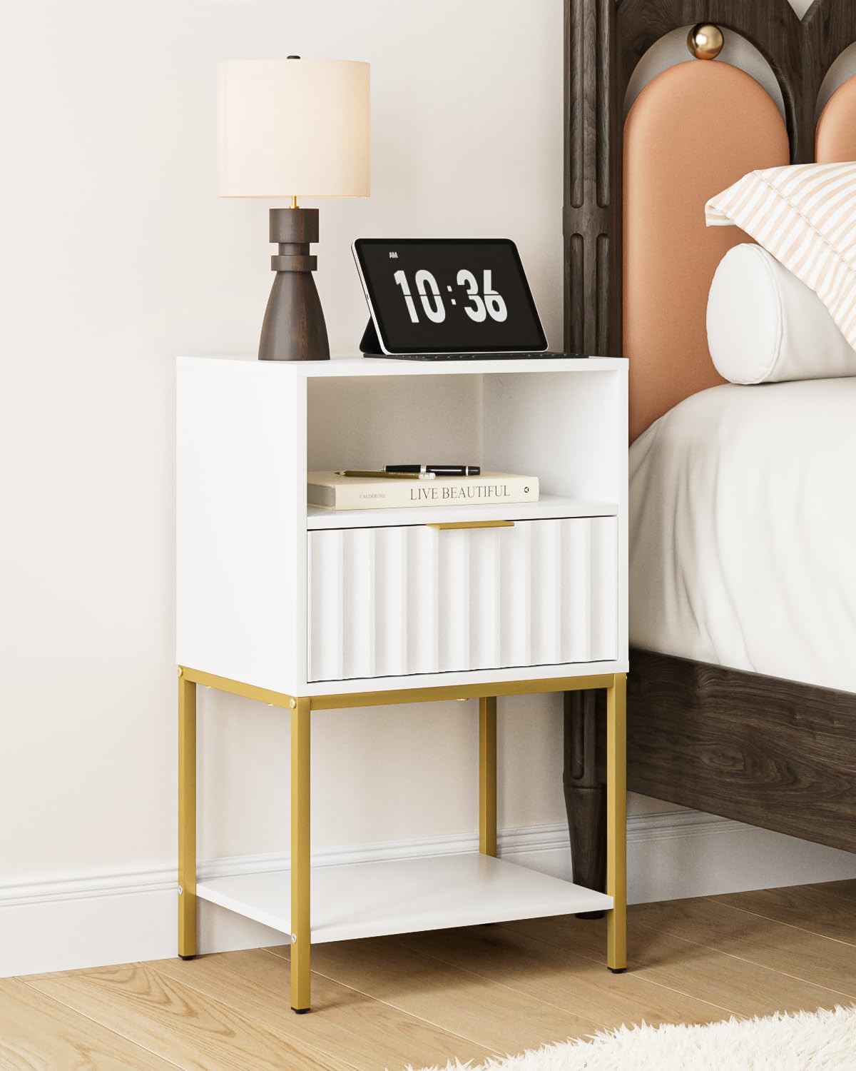Nightstand,Modern Bedside Table with One Drawer and Two Shelf，White Night Stand，Tall End Table with Gold Frame for Bedroom,Living Room,Wave