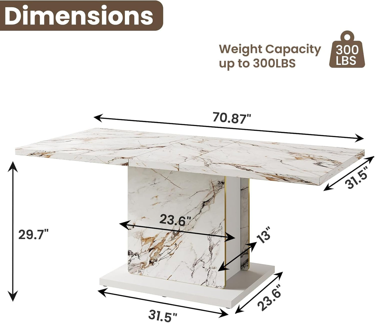 HOMISSUE 70" Faux Marble Dinner Table，Rectangle Modern White Dining Table for 6-8 People，Large Kitchen Furniture Table with Sturdy Base for Dining Room, Living Room, White