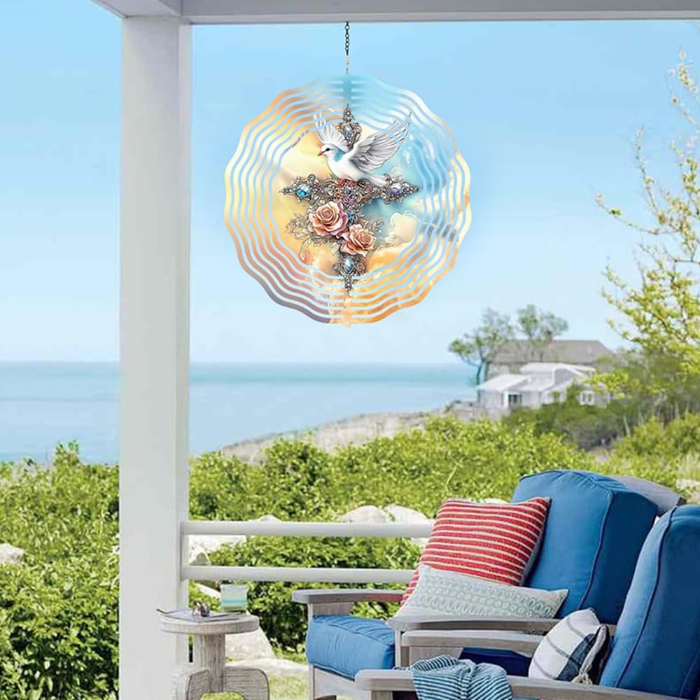 Cross Dove Wind Spinner, Metal Wind Spinners Outdoor/Indoor, Cross Hanging Garden Decor for Outside, Stainless Wind Spinners for Yard and Garden 10 inch 3D (25.76X25 CM)