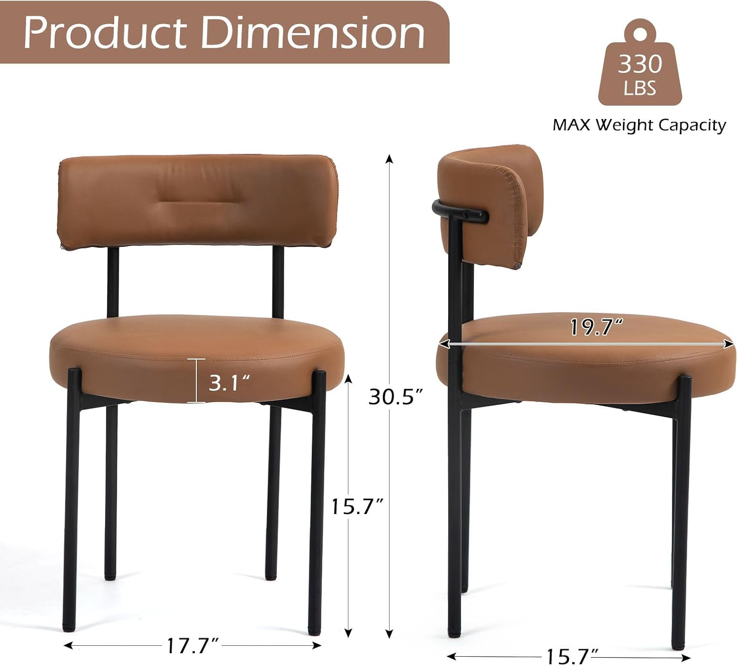 AVAWING Brown Faux Leather Dining Chairs Set of 4, Modern Kitchen Chairs with Black Metal Legs and Curved Backrest, Round Dining Room Chairs for Dining Room and Kitchen