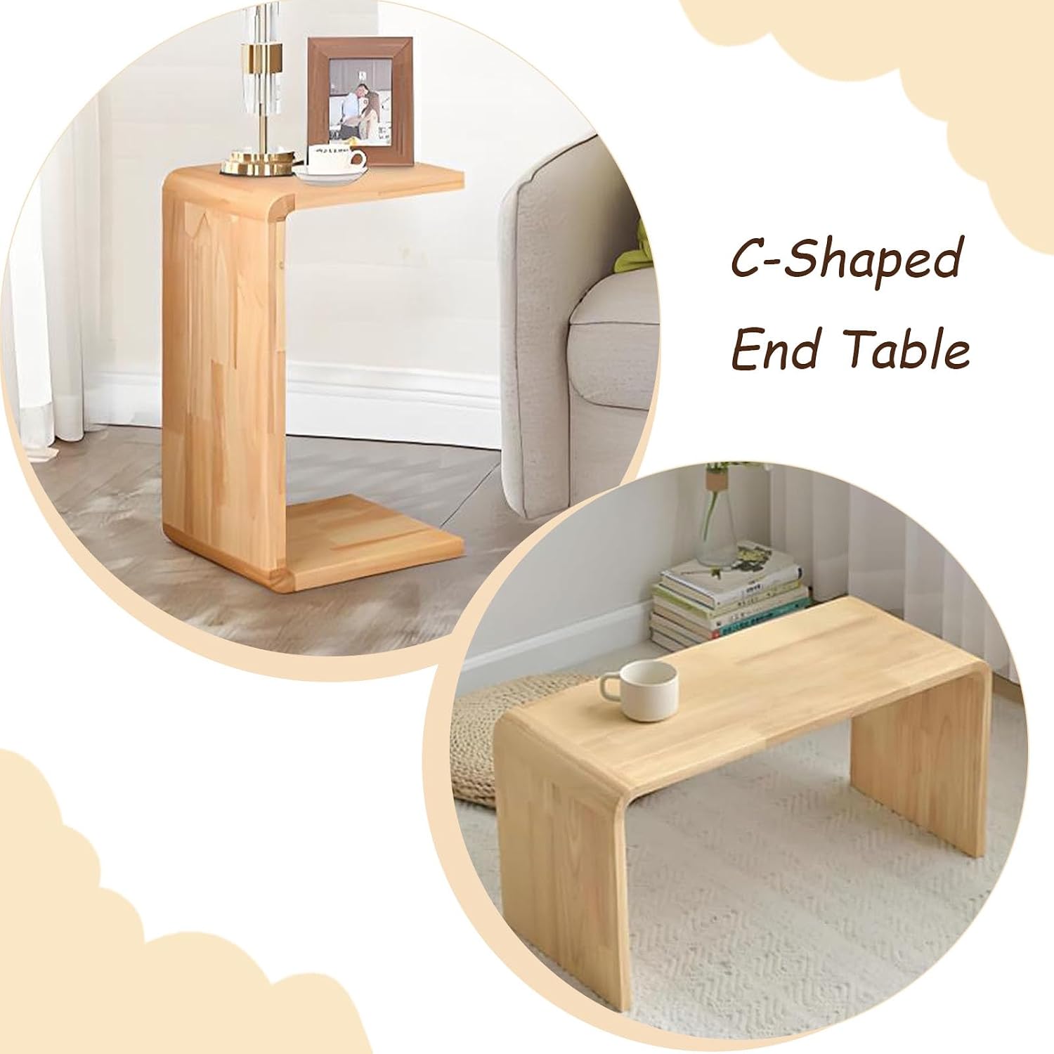 Small Side Table for Couch C-Shaped End Table Solid Wood Sofa Table Living Bedroom Item Placement Bedside Table