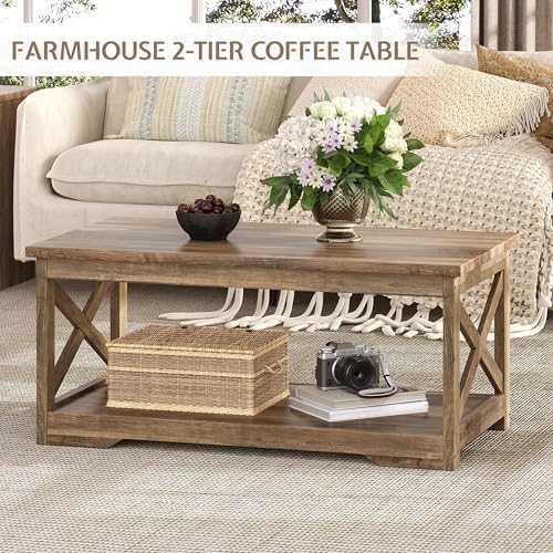 LUXOAK 3 Piece Living Room Table Set with Barn Door, Barnwood | Includes Coffee Table and 2 End Tables, Charging Station &USB Ports, Rustic Farmhouse Style, Living Room Furniture Set