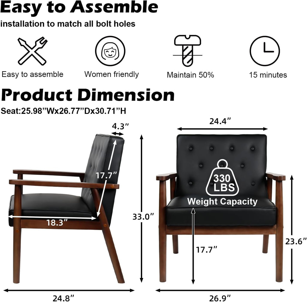 Waiting Room Accent Chairs Set of 2, Black Leather ArmChairs, Office Guest | STHOUYN Mid Century Modern, Wood Arms, Office Lobby Living Room Chair