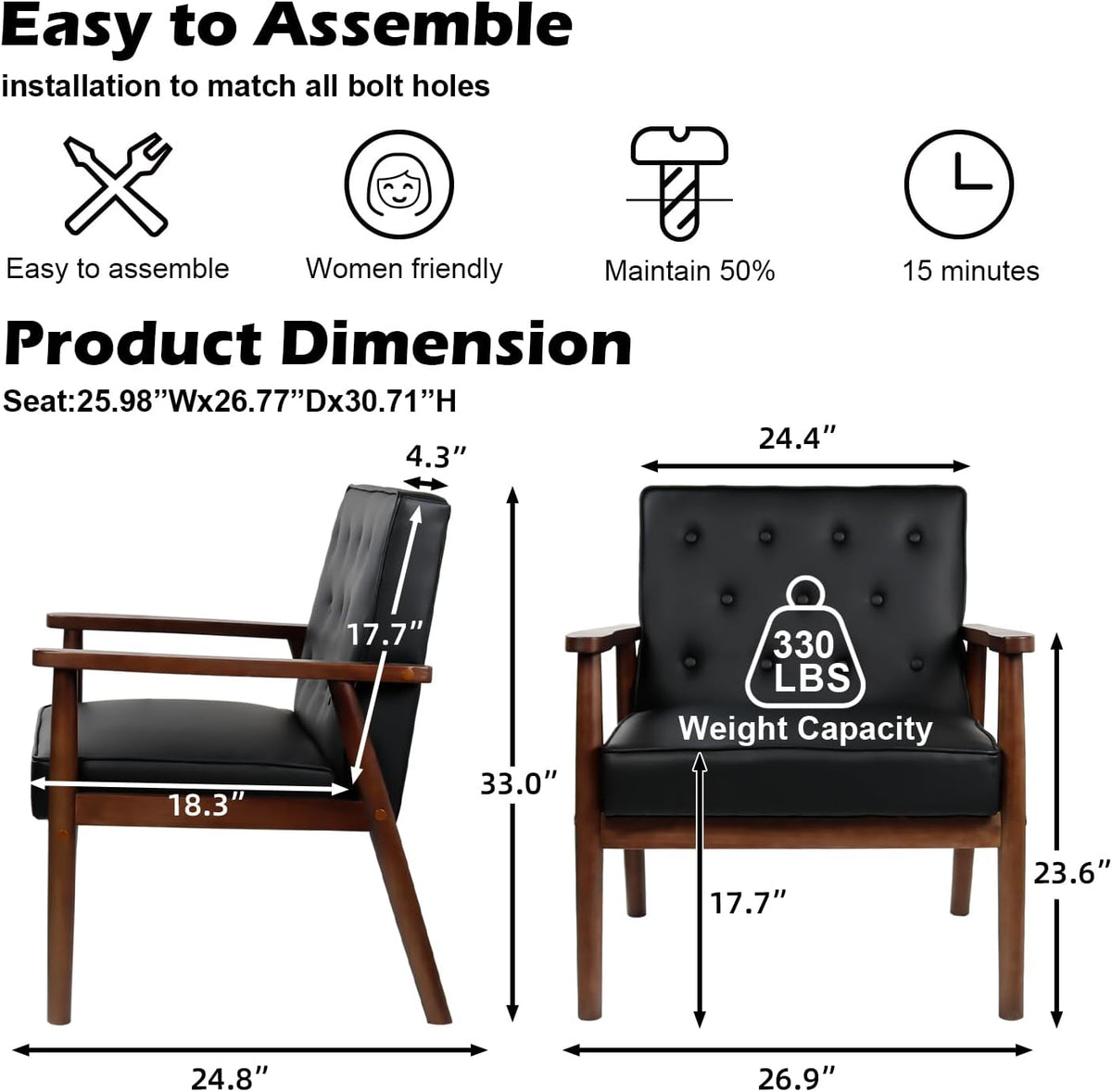 Waiting Room Accent Chairs Set of 2, Black Leather ArmChairs, Office Guest | STHOUYN Mid Century Modern, Wood Arms, Office Lobby Living Room Chair