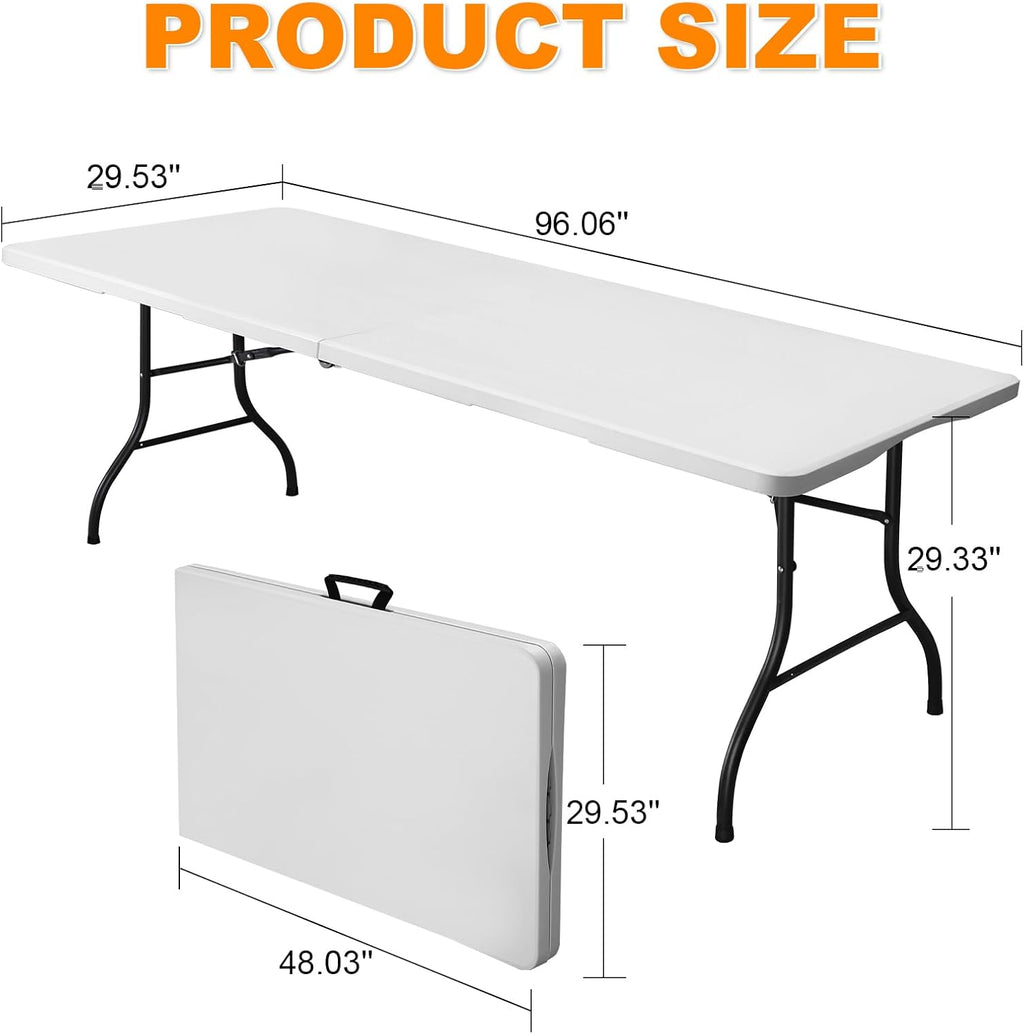 8ft Folding Table, Portable Heavy Duty Plastic Fold-in-Half Utility Table for Indoor/Outdoor Use, Dining, Camping, Picnic, Party, White