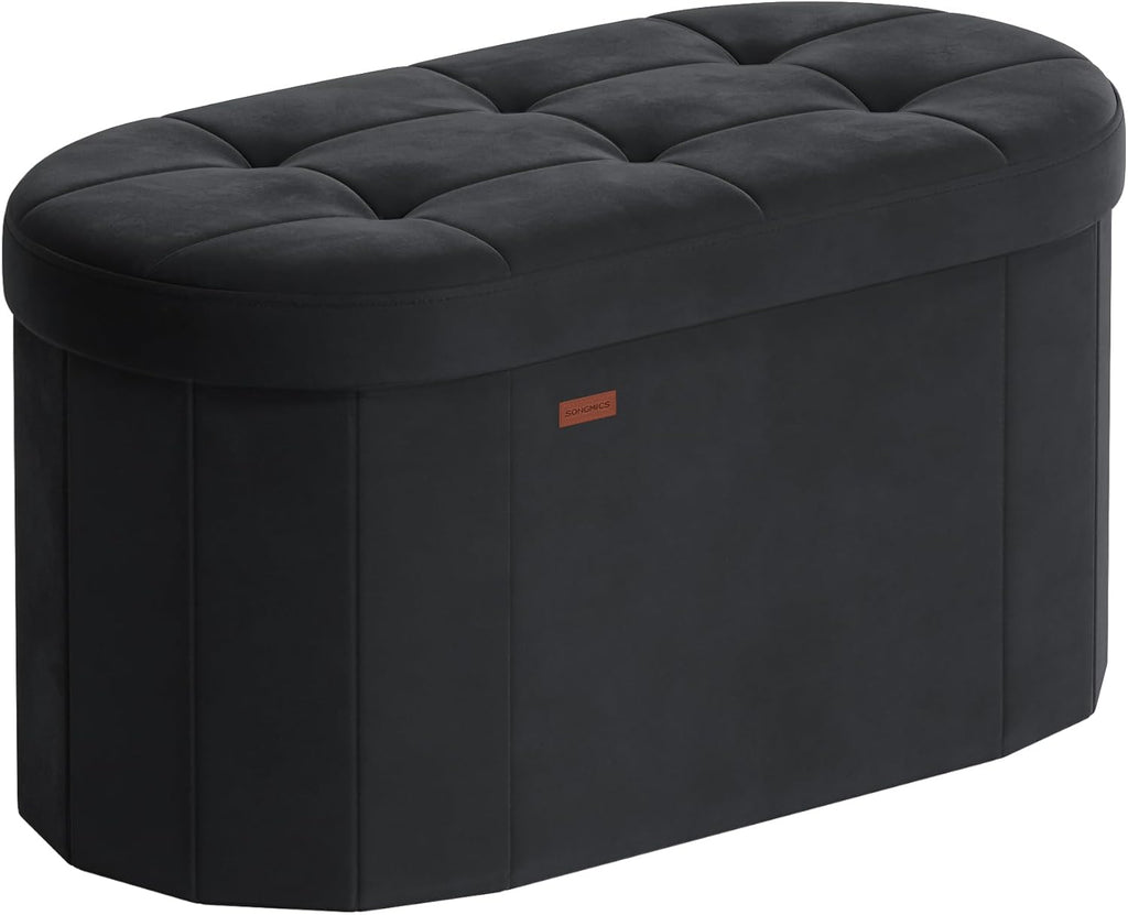 SONGMICS Mazie Collection - Folding Ottoman with Storage, Oval Storage Ottoman Bench, for Living Room, Bedroom, Velvet Fabric, 15 x 30 x 15 Inches, Ink Black ULSF267BH01