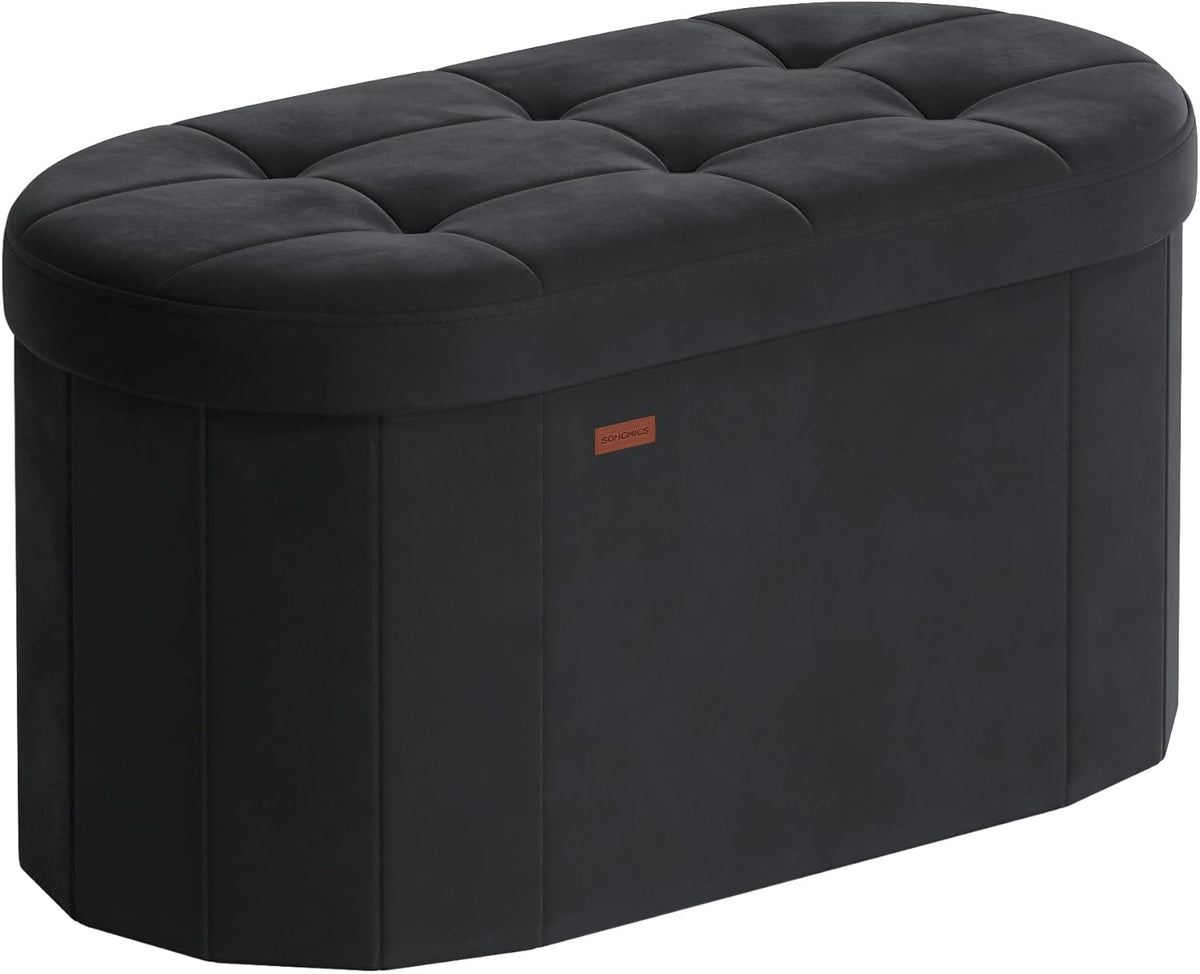 SONGMICS Mazie Collection - Folding Ottoman with Storage, Oval Storage Ottoman Bench, for Living Room, Bedroom, Velvet Fabric, 15 x 30 x 15 Inches, Ink Black ULSF267BH01